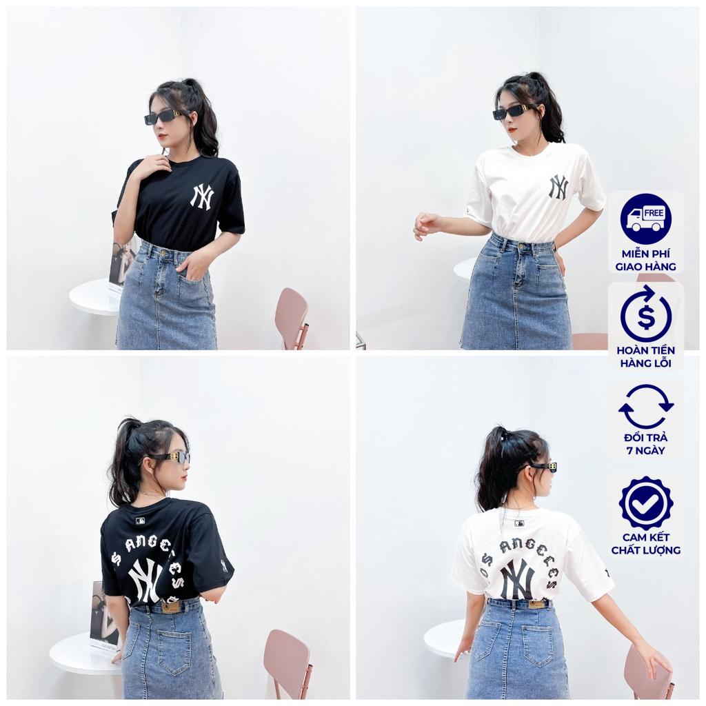 Áo Thun MLB NY Áo Phông MLB Nam Nữ Tay Lỡ Form Rộng trắng đen họa tiết chữ sau lưng
