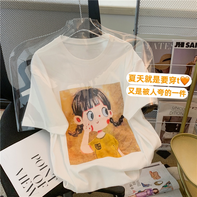 Áo thun FASHMILY 100% cotton tay ngắn dáng rộng cổ tròn họa tiết hoạt hình phong cách Hàn Quốc thời trang mùa hè cho nữ