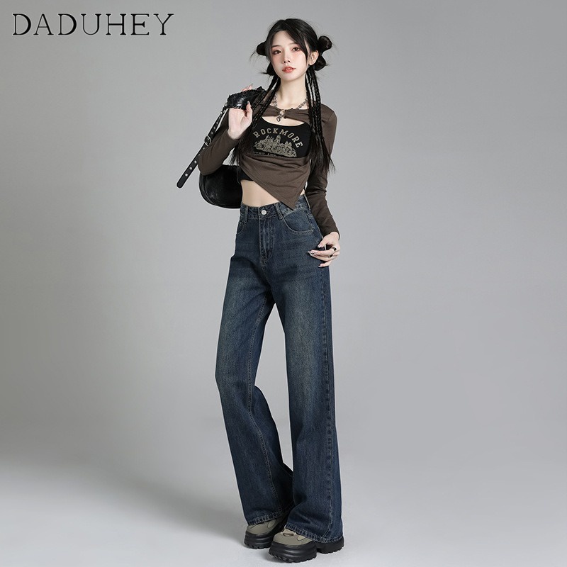 Quần jean DaDuHey lưng cao ống rộng kiểu dáng retro thời trang phong cách Hàn Quốc