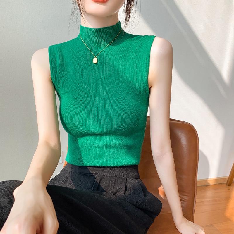 SUXI Áo Croptop Dệt Kim Sát Nách Cổ Cao Màu Sắc Đơn Giản Thời Trang Mùa Xuân Cho Nữ