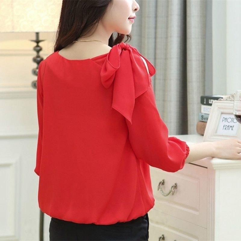 Áo Sơ Mi Voan Tay Lửng Trễ Vai Đính Nơ Xinh Xắn Dành Cho Nữ