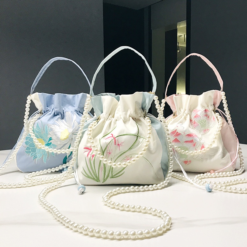 1 Túi Xách Vải Dây Rút Thêu Họa Tiết Phong Cách Trung Hoa Cổ Điển