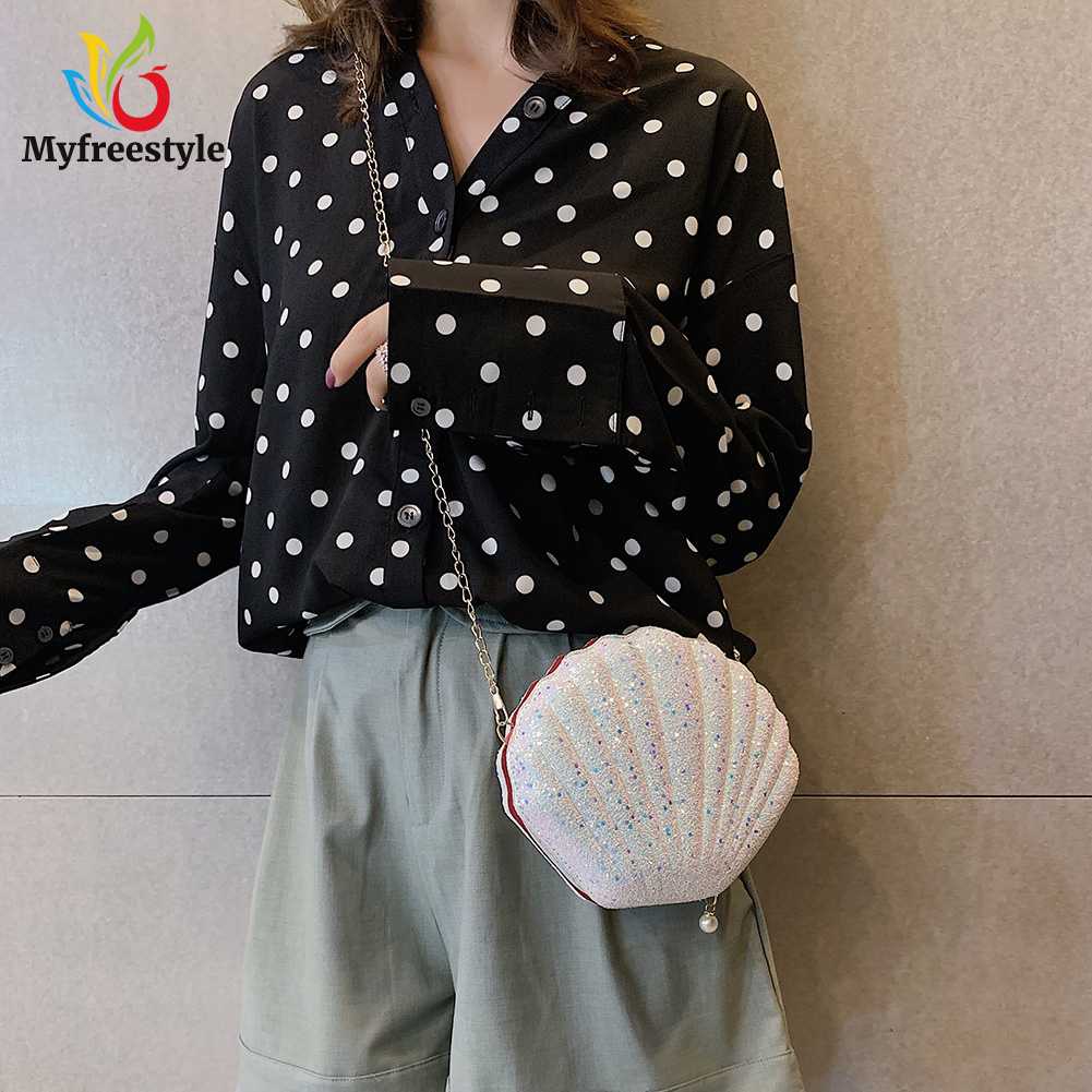 Túi Đeo Chéo Đính Kim Sa Lấp Lánh Hình Vỏ Sò Dễ Thương Kèm Dây Đeo Sợi Xích Thời Trang Cho Nữ