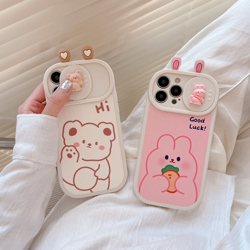 Ốp Điện Thoại Da Mềm Có Nắp Trượt Bảo Vệ Camera In Hình Thỏ / Gấu Hồng Cho IPhone 11 12 13 14 Pro Max 14 Plus hp