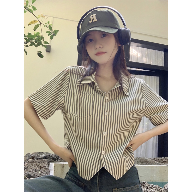 Lalisas Áo Sơ Mi Ngắn Tay Họa Tiết Kẻ Sọc Thời Trang Hàn Quốc Dành Cho Nữ