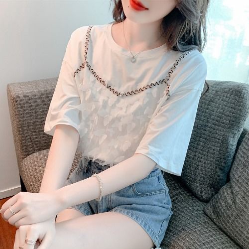 Áo Thun Cotton Giả Hai Mảnh Tay Ngắn Màu Trắng Phong Cách Mới Mùa Hè 2023