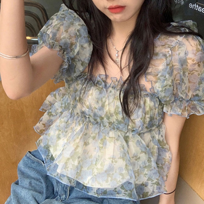 IELGY Áo chiffon Trễ Vai In Họa Tiết Hoa Phong Cách Pháp Ngọt Ngào Thời Trang Cho Nữ