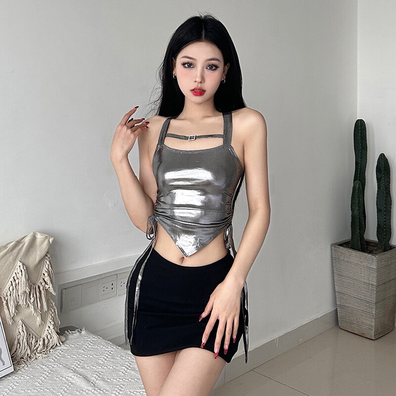 Weird Puss INS Áo Dây Rút Ôm Dáng Hở Lỗ Chéo Màu Bạc Lấp Lánh Phong Cách Đường Phố Cá Tính Cho Nữ