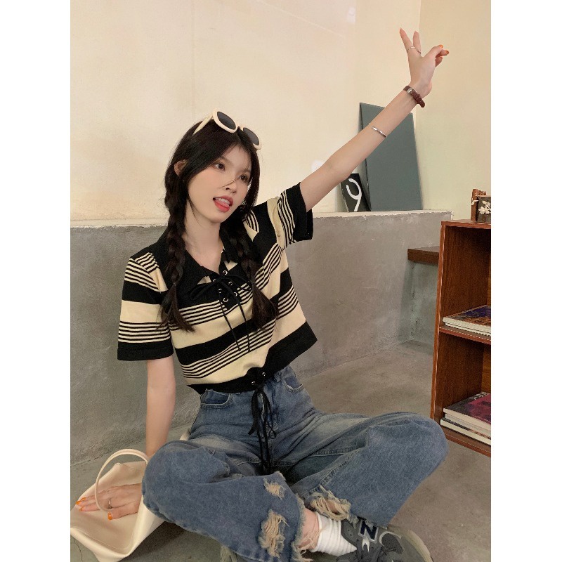 Áo polo Tay Ngắn Dáng Rộng In Họa Tiết Độc Đáo Phong Cách Hàn Quốc Thời Trang Cho Nữ