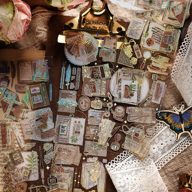 Set 3 tấm sticker PET lấp lánh mẫu các loại văn phòng phẩm lấp lánh