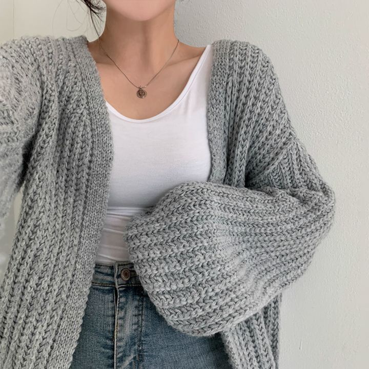 Áo Khoác Cardigan Dệt Kim Tay Phồng Cổ Chữ V Màu Sắc Đơn Giản Phong Cách Hàn Quốc