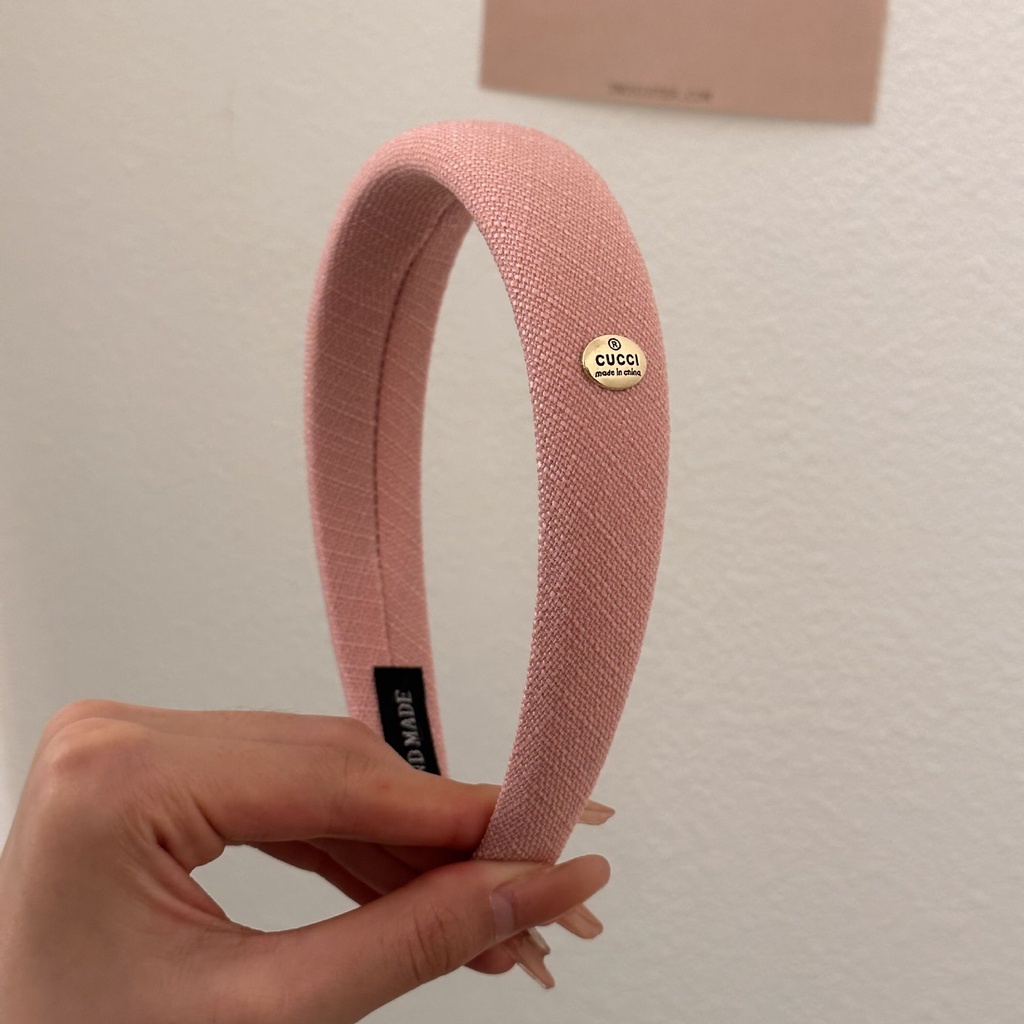 Băng Đô Cài Tóc Bằng Cotton Màu Trơn Đính Nhãn Kim Loại Tròn Cao Cấp Phong Cách Pháp Cho Nữ