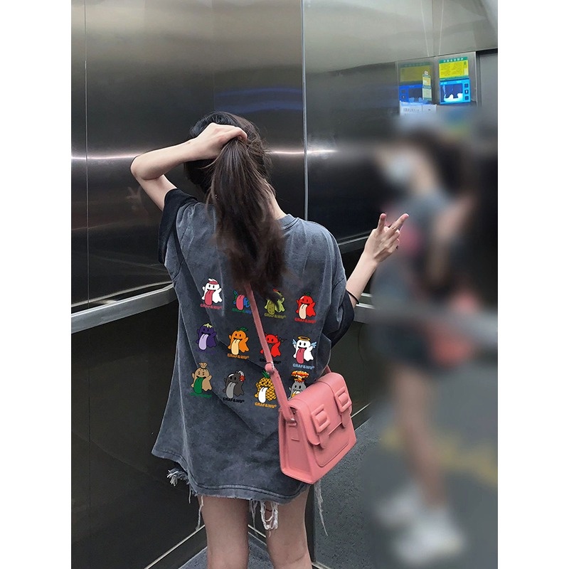 NRVP Áo Thun 100% Cotton Tay Ngắn Dáng Suông In Họa Tiết Hoạt Hình Phong Cách Hàn Quốc Cho Nữ