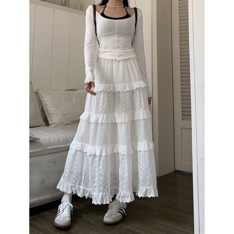 「Nonfatgirl」Chân Váy Len Lưng Cao Dáng Rộng Màu Trắng Thời Trang Cho Nữ