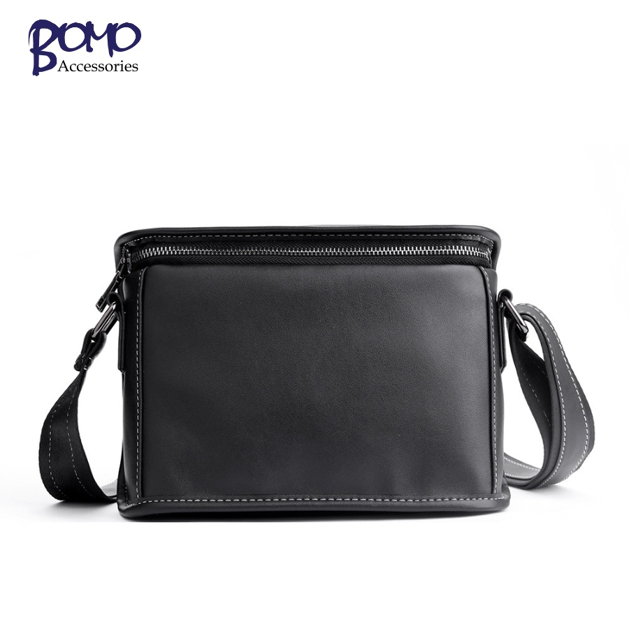 Túi đeo chéo đeo vai nam dạng hộp vuông ngăn siêu rộng da pu đen trơn kẻ caro cao cấp chống nước thời trang BOMO