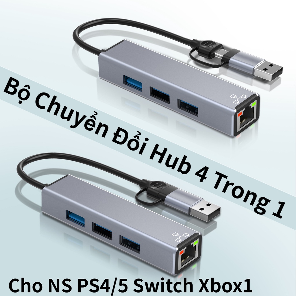 Bộ Chuyển Đổi Hub 4 Trong 1 Loại Type C/USB-A sang 3 Cổng USB 2.0/RJ45 Lan - cho NS PS4/5 Switch Xbox