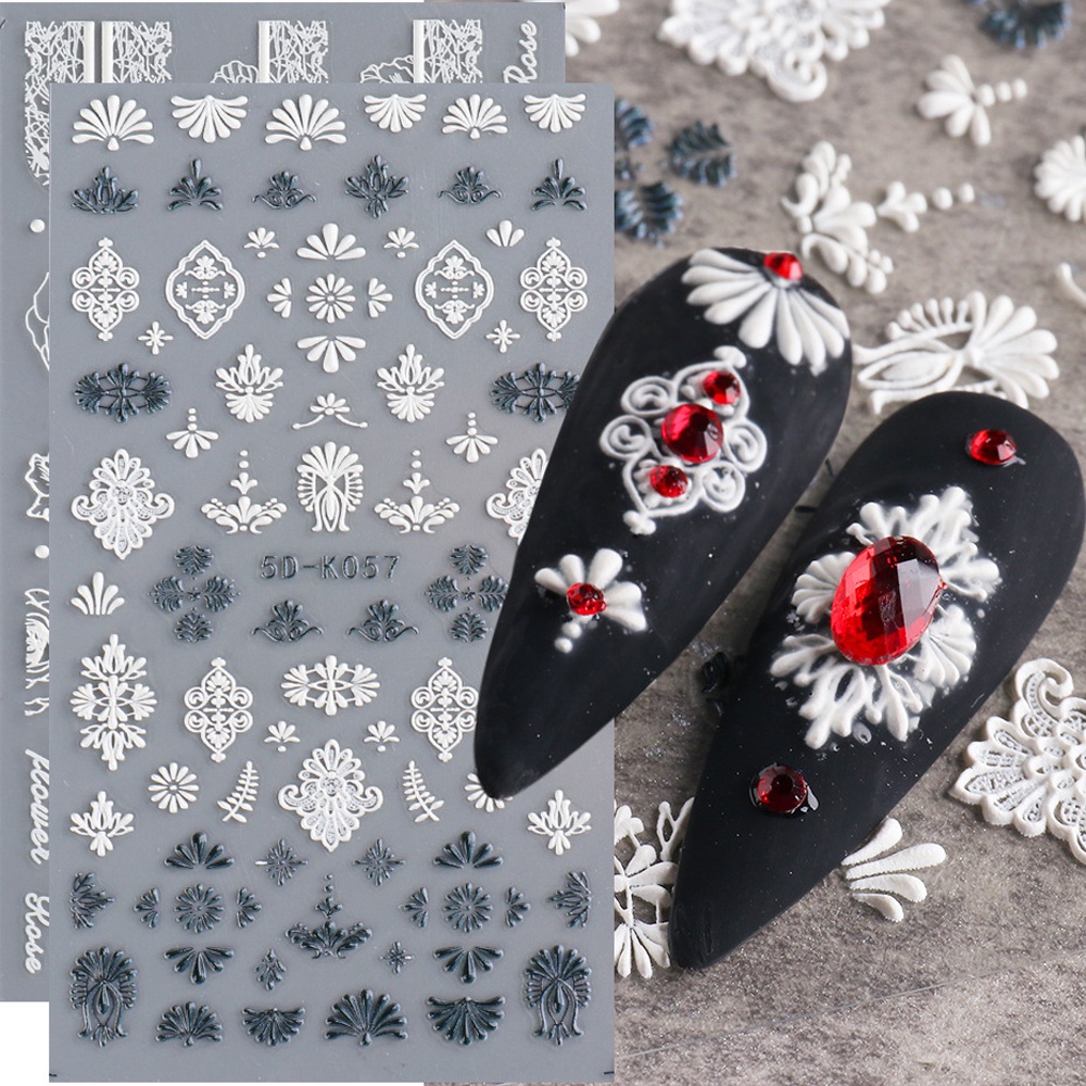 1 Tờ Nhãn Dán Trang Trí Móng Tay Họa Tiết Ren Hoa Lá Bướm Màu Trắng Đen Phong Cách Nhật Bản