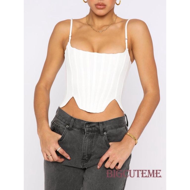 [] - Áo Hai Dây Mỏng Mùa Hè Viền Cắt Sâu Không Đều Màu Trắng / Đen Cho Nữ
