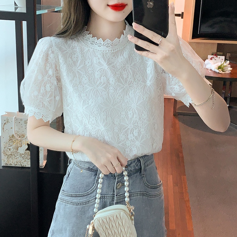 Áo Sơ Mi Ren Tay Ngắn Phồng Ôm Dáng Mẫu Mới 2023 Thời Trang Mùa Hè Cho Nữ