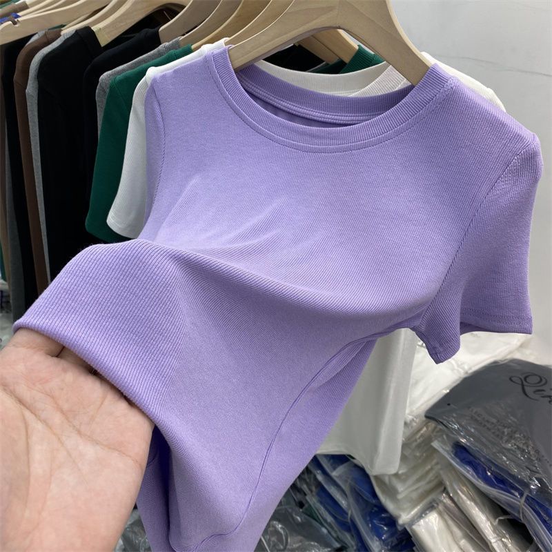 Áo Thun Tay Ngắn Dáng Ôm Vải Lụa Lạnh Thời Trang Mới Cho Nữ