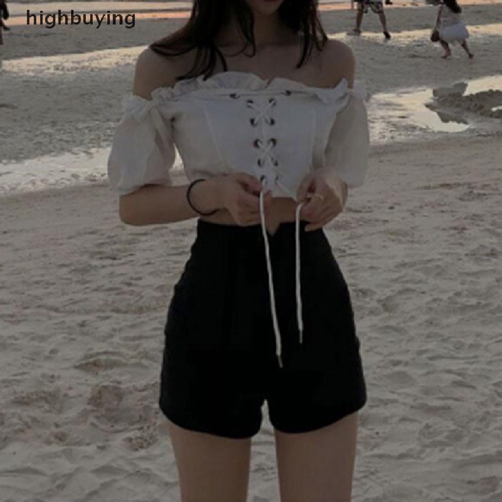 Quần Short Nữ Lưng Cao Màu Trơn Phong Cách Harajuku Đường Phố Mới