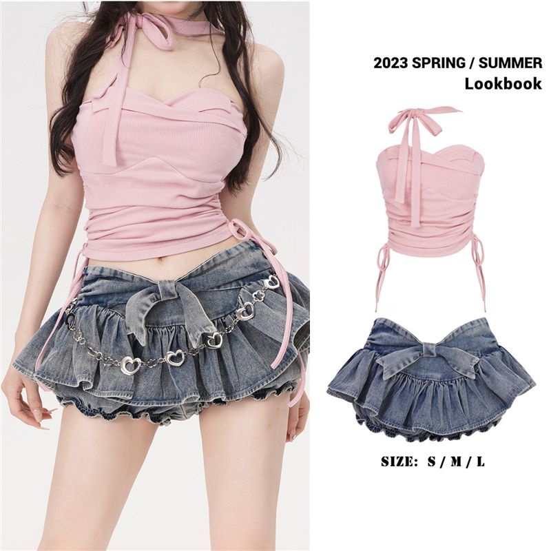 F &amp; X Chân Váy Denim Dáng Chữ a Xếp Ly Lưng Cao Phối Bèo Chống Chói Phong Cách Mới Quyến Rũ Mùa Xuân Hè