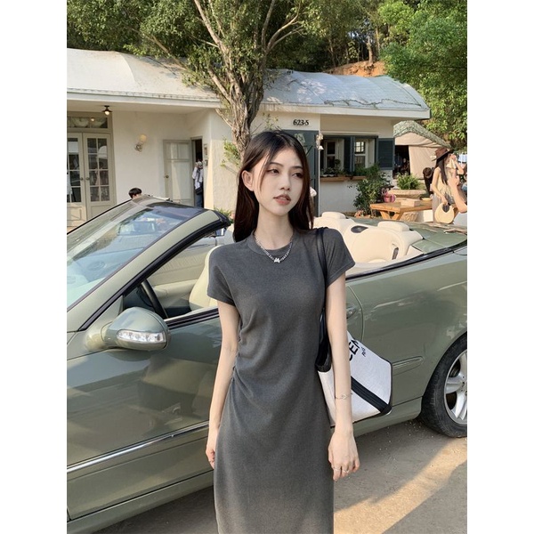 COZOK Đầm Tay Ngắn Cổ Tròn Phong Cách Hàn Quốc Thời Trang Cho Nữ