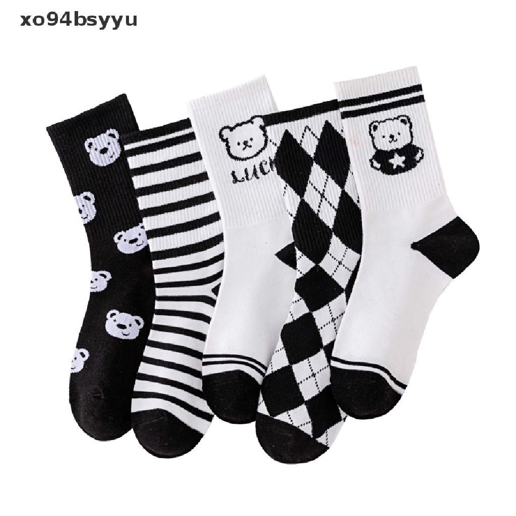 Vớ Cotton Cổ Cao Họa Tiết Hoạt Hình Màu Trắng Đen Thấm Hút Mồ Hôi Thoáng Khí xo94bsyyu