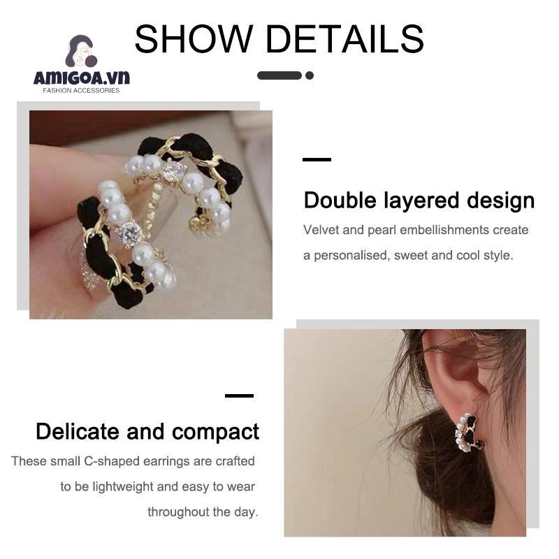 ✨✨ Bông Tai Chữ C Đính Ngọc Trai Phối Nhung Sang Trọng Cá Tính Ngọt Ngào Cao Cấp