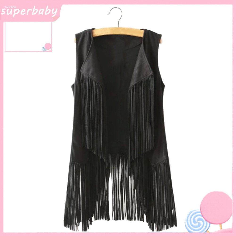 (Superbaby) Áo Khoác Sát Nách Dáng Dài Tua Rua Màu Trơn Kiểu Dân Tộc Cho Nữ