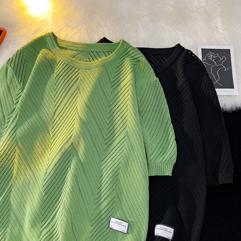 Áo Thun Dệt Kim Tay Ngắn Vải Lụa Lạnh Đục Lỗ Cá Tính