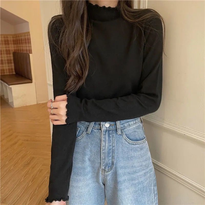 Áo Thun croptop Mỏng Tay Dài Lót Lông Cừu Cổ Cao Thời Trang Xuân Thu Phong Cách Mới Cho Nữ