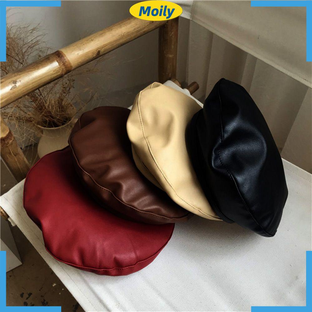 Mũ Beret Bằng Da PU Màu Trơn Tùy Chỉnh Giữ Ấm Dễ Phối Đồ Thời Trang Cho Nữ