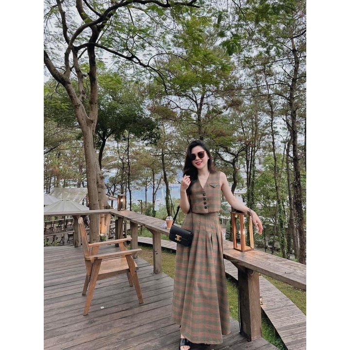 ✨BÁN SỈ✨Set áo kẻ kèm chân váy 2 lớp dáng dài