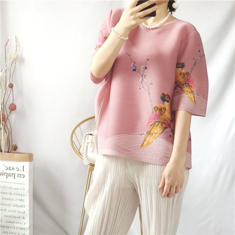 Issey Miyake Áo Thun Dáng Rộng Xếp Ly In Họa Tiết Hoa Và Chim Phong Cách Trung Hoa Cổ Điển Thời Trang Mùa Hè 2023 Cho Nữ