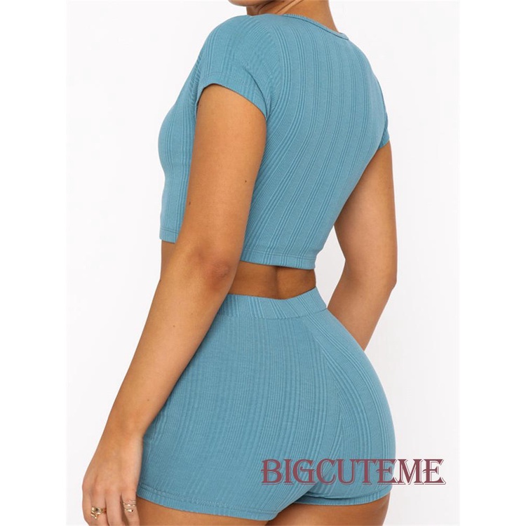 Set Đồ Mùa Hè 2 Món Gồm Áo Tay Cộc Cổ Tròn Cài Nút + Quần Ngắn Lưng Cao Màu Trơn Cho Nữ