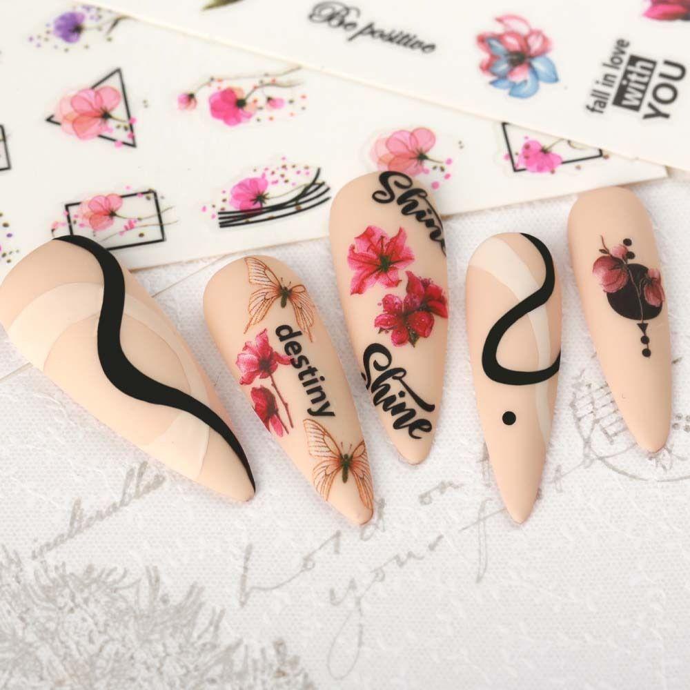Miếng Dán Trang Trí Móng Tay Tự Dính Họa Tiết Hoa Lá / Chữ Tiếng Anh Xinh Xắn