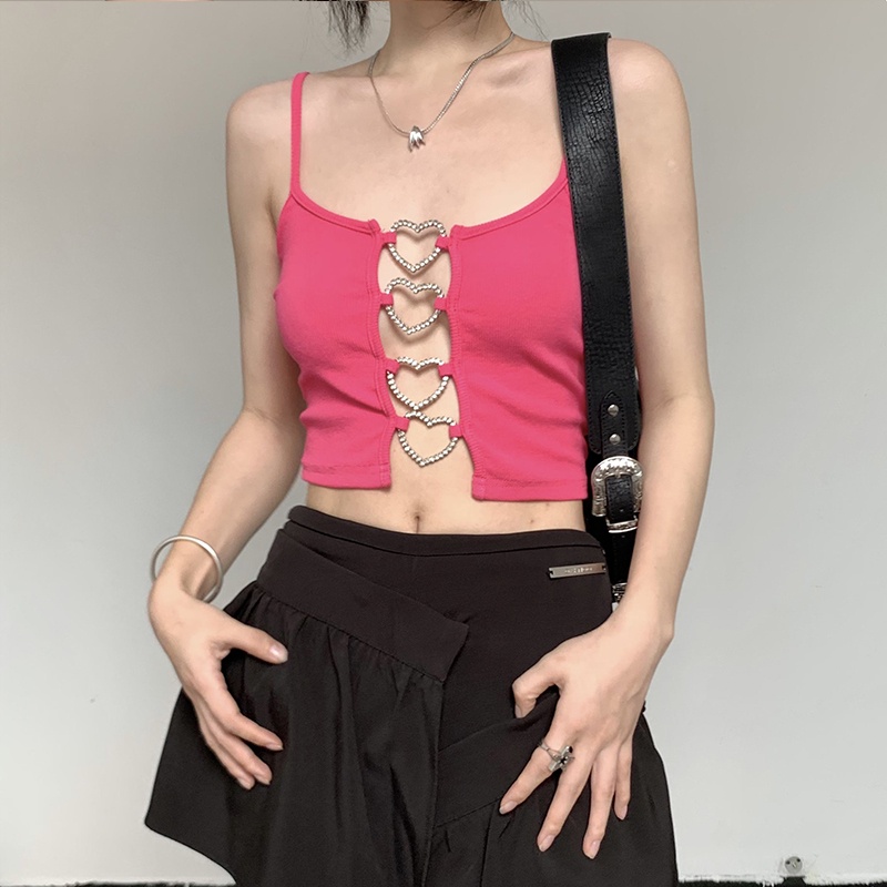 Áo Hai Dây Ngắn Mỏng Vừa Vặn Mùa Hè Khoét Lỗ Hình Trái Tim Có Nút Cài Mới