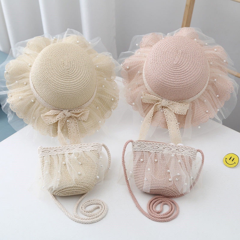 Set Mũ Cói Chống Nắng + Túi Xách Công Chúa Cho Bé Gái