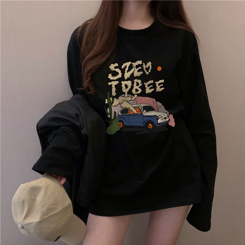 IELGY Áo Thun cotton Tay Dài Dáng Rộng In Họa Tiết Phong Cách Mỹ Thời Trang Cho Nữ