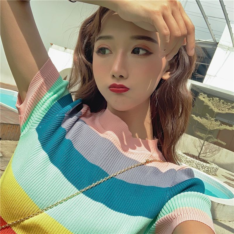 Áo Thun Crop Top Tay Ngắn Họa Tiết Kẻ Sọc Cầu Vồng Phong Cách Hàn Quốc Cổ Điển Thời Trang Xuân Hè 2023 Dành Cho Bạn Nữ