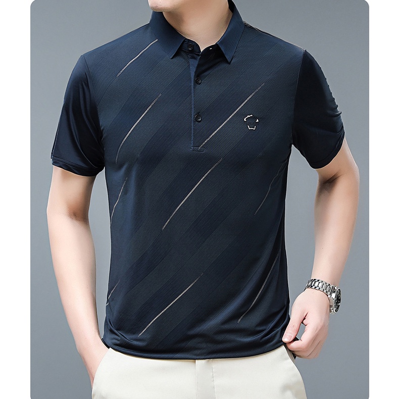 Áo Thun POLO Mỏng Tay Ngắn Dáng Rộng Thoáng Khí In Họa Tiết Kẻ Sọc Phong Cách Hàn Quốc Thời Trang Cho Nam _ A22