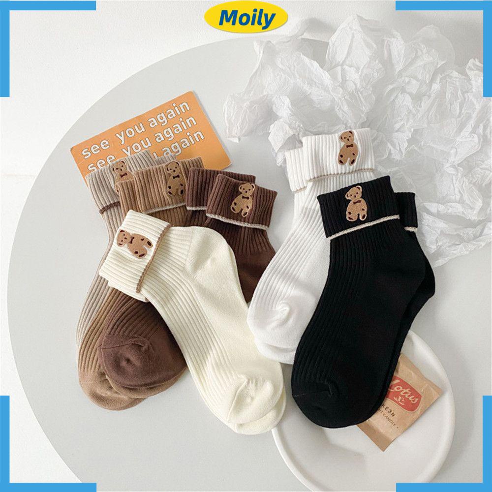 1 Đôi Vớ Cổ Thấp Mềm Mại Màu Trơn Thêu Hình Gấu Hoạt Hình Nhiều Màu Dễ Thương Cho Nữ