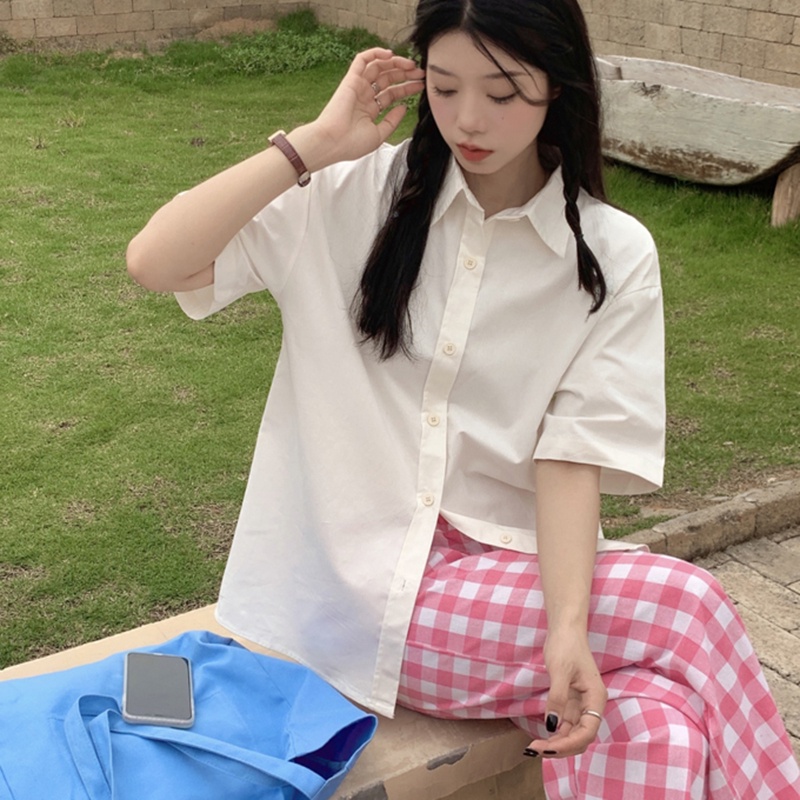 IELGY  Áo Sơ Mi Tay Ngắn Màu Trơn Thời Trang Cao Cấp Cho Nữ