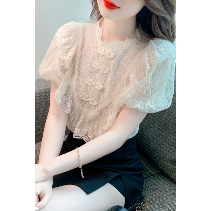 Áo Voan Tay Ngắn Phồng Phối Ren Thời Trang Mùa Hè Dành Cho Nữ E1MH