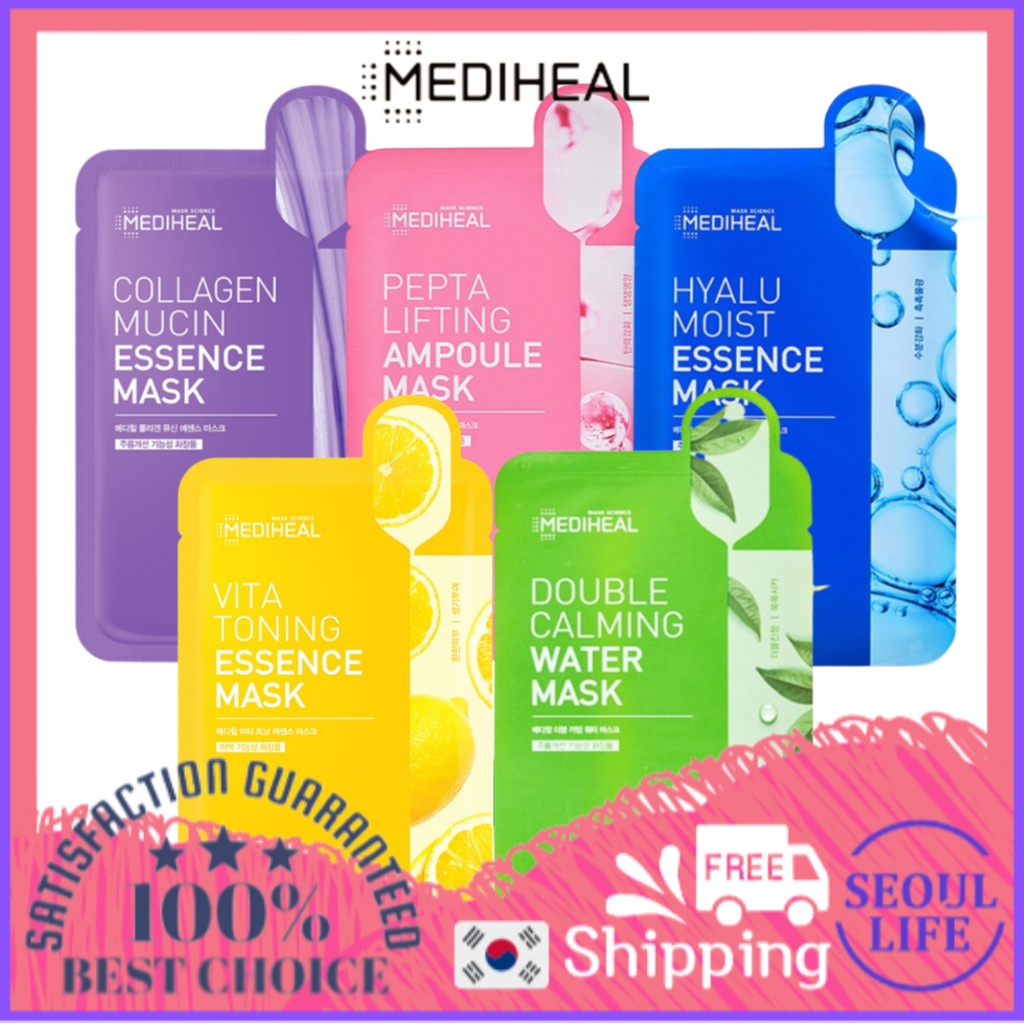 MEDIHEAL Vita Toning Essence Mask, Collagen Mucin Essence Mask, Pepta Lifting Ampoule Mask,Double Calming Water Mask / Vitamin Mask / Korean Mask