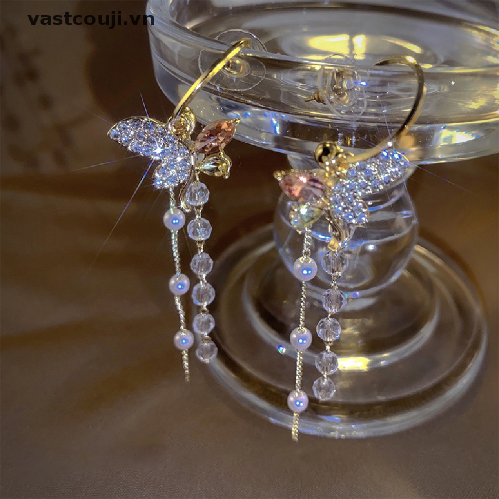 1 Cặp Bông Tai Dáng Dài Hình Bướm Đính Ngọc Trai Thanh Lịch Thời Trang