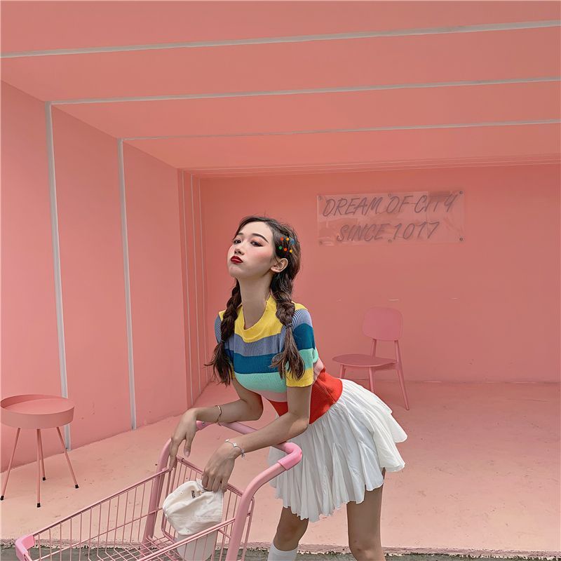 Áo Thun Crop Top Tay Ngắn Họa Tiết Kẻ Sọc Cầu Vồng Phong Cách Hàn Quốc Cổ Điển Thời Trang Xuân Hè 2023 Dành Cho Bạn Nữ