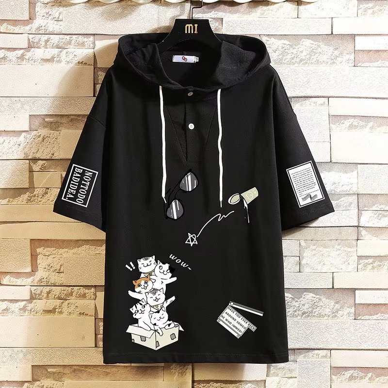 Áo Thun Mùa Hè Tay Cộc Có Mũ Trùm Đầu Bằng Lụa Lạnh In Họa Tiết Unisex XXXL