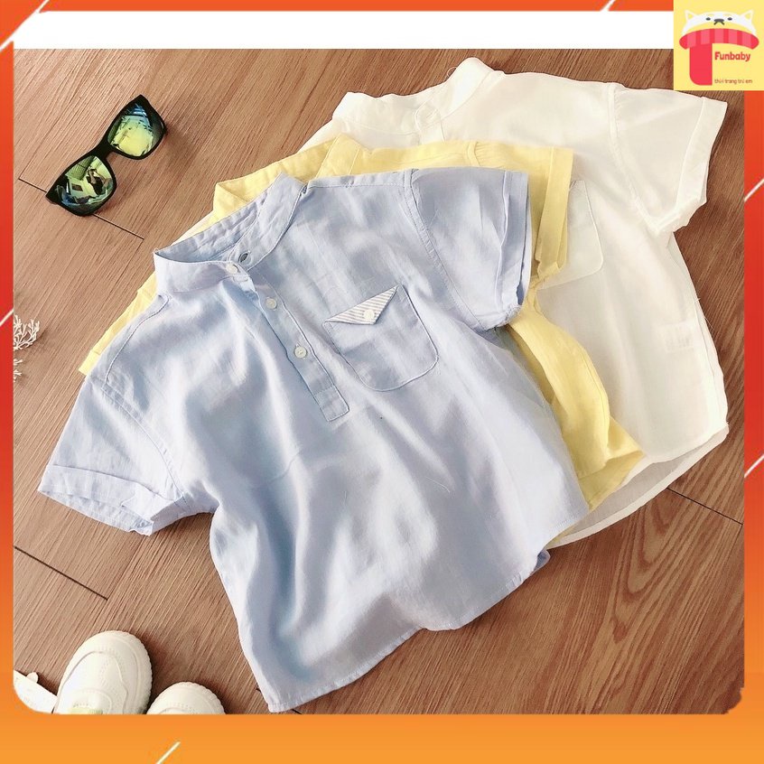 Áo sơ mi bé trai cộc tay 2-8 tuổi cộc tay cổ tàu túi ngực Tomm vải đũi nhẹ mát